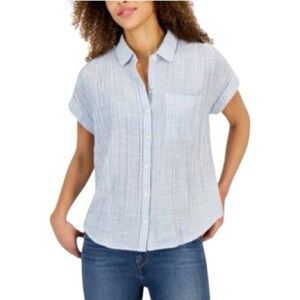 Style & Co. Blue and White Striped Button Up Gauzy 100% Cotton Camp Shirt PXL